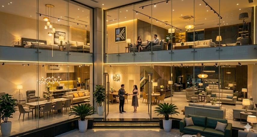 A-connection - mặt bằng showroom thiết kế tối ưu trải nghiệm khách hàng