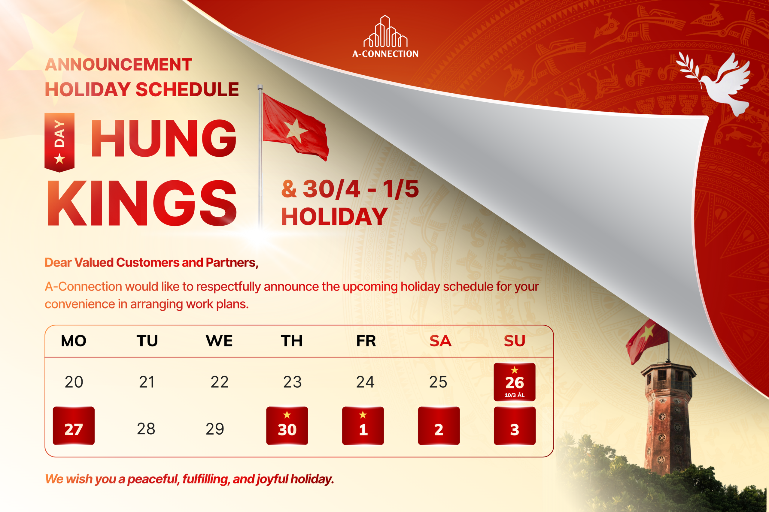 A-connection – Announcement regarding the Hung Kings Commemoration Day and April 30th – May 1st holidays.