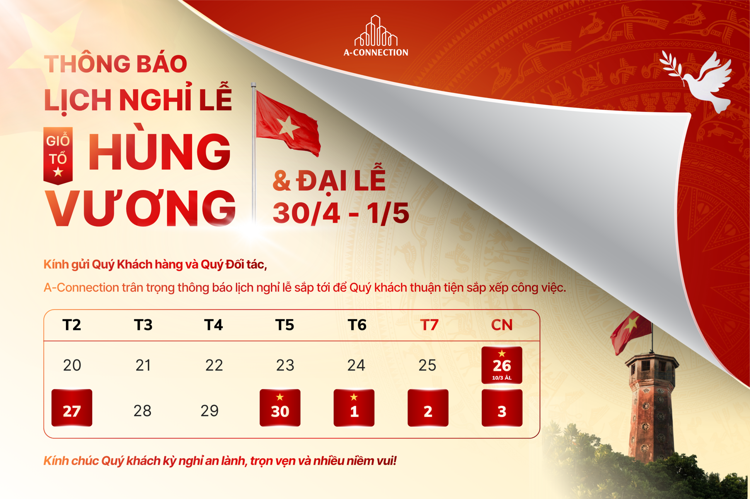 A-connection – Thông báo nghĩ lễ Giỗ Tổ Hùng Vương & 30/4 – 1/5