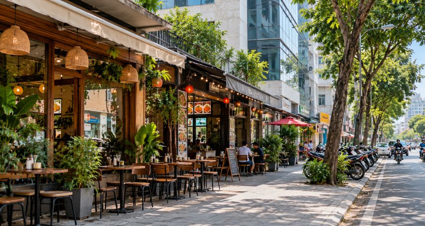 Xung quanh văn phòng có các hàng quán phục vụ là một điểm cộng