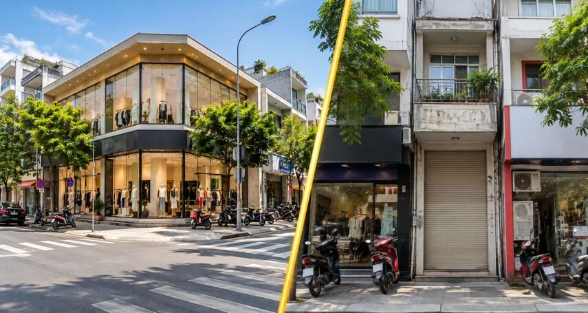 Mặt bằng góc ngã tư có giá trị thương mại cao hơn so với mặt bằng giữa dãy nhà